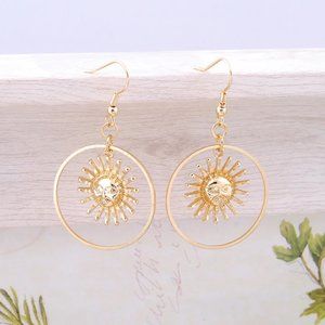 Gold boho sun face hoop dangle earrings summer